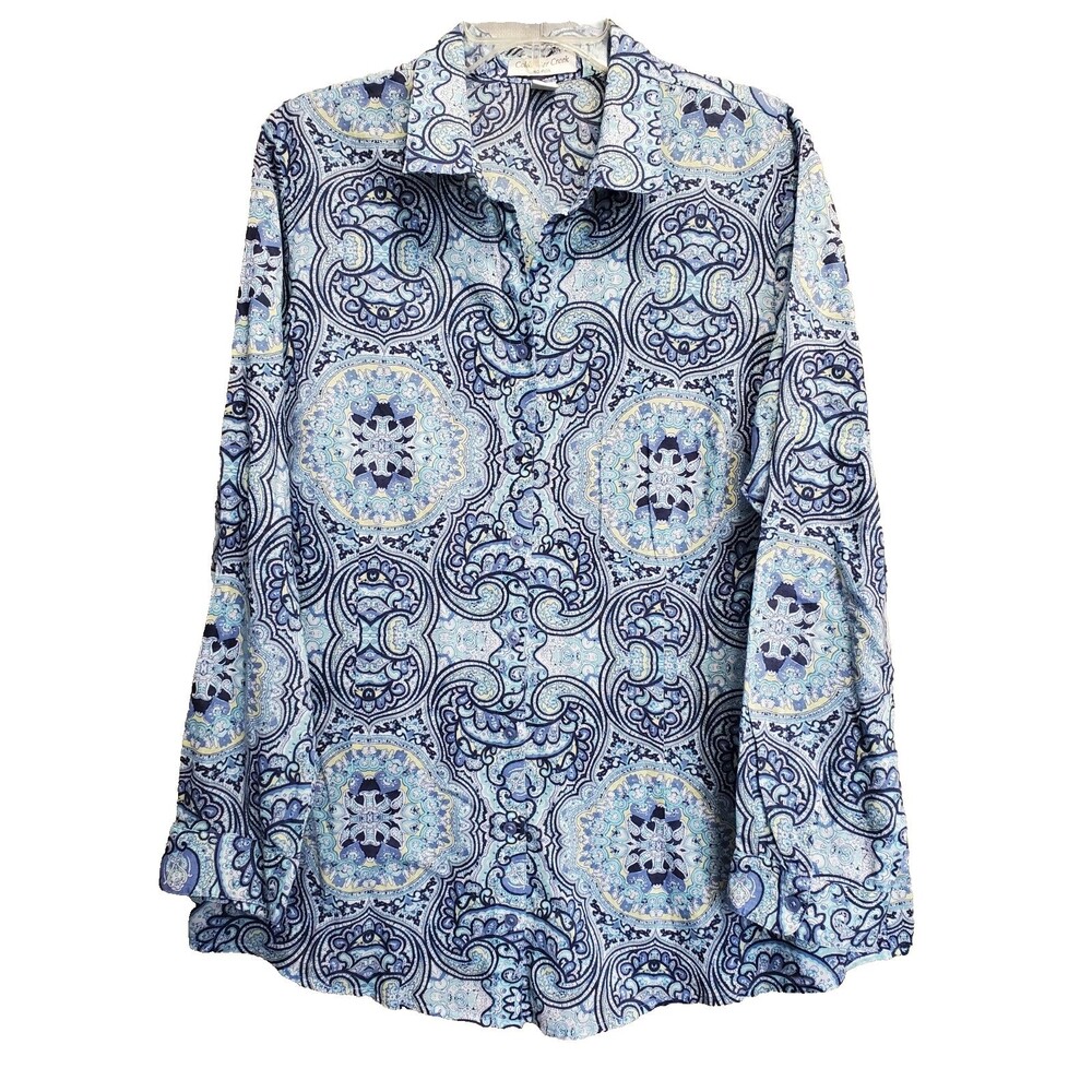 Coldwater Creek No Iron Cotton Blue Paisley Medallion Button-Up Shirt Size 1X